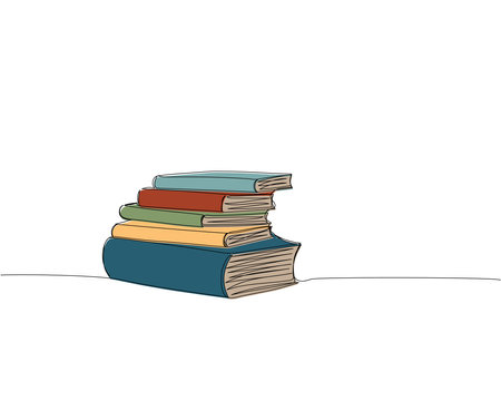 Stack of books, textbooks, magazines one line colored art. Continuous line color drawing of book, library, education, school, study, literature, paper, textbook, knowledge, read, learn, page, reading.のイラスト素材