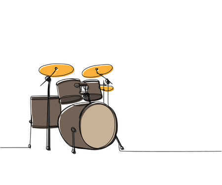 Drum kit one line color art. Continuous line drawing of play, drum, drumstick, kit, stick, music, performer, song, vintage, rock, instrument, band, percussion, sound, bass, musician.のイラスト素材