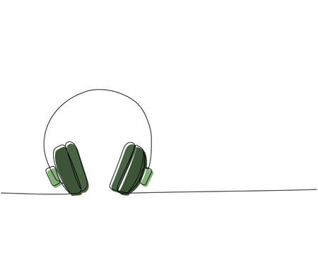 Headphones one line color art. Continuous line drawing of music, headphone, headset, portable, earphones, sound, audio, hear, dj, listen, listening, ear, electronic, mobile, relax, radioのイラスト素材