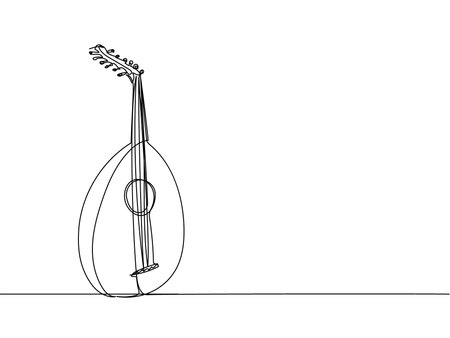 Lute one line art. Continuous line drawing of music, instrument, folk, musical, culture, acoustic, ethnic, kobza, traditional, mandolin, stringのイラスト素材
