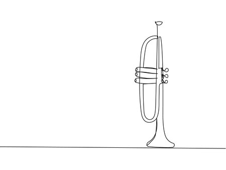 Trumpet one line art. Continuous line drawing of musical, classical, trumpet, classic, audio, melody, acoustic, music, instrument, jazz, horn, orchestra.のイラスト素材