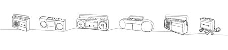 Record player, tape recorder set one line art. Continuous line drawing of tape, retro, cassette, vintage, hipster, music, compact, radio, audio, player, stereo, sound, boombox, 80s, disco, 90sのイラスト素材