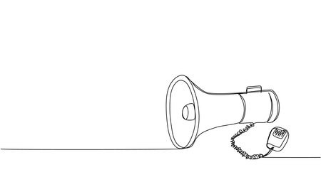 Megaphone, loudspeaker one line art. Continuous line drawing of broadcasting, speaker, loudspeaker, advertising, bullhorn, loud, announce, sound, shout, protest, communication, information, publicのイラスト素材