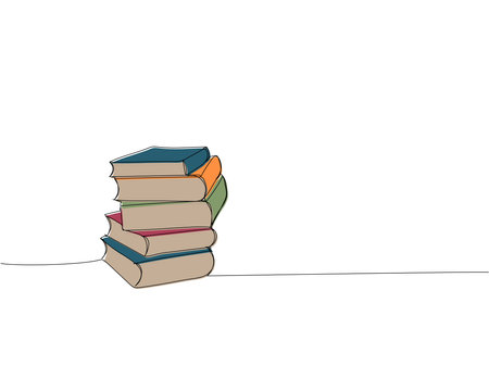 Stack of 5 books, textbooks, encyclopedias one line colored art. Continuous line color drawing of book, library, education, school, study, paper, textbook, knowledge, read, learn, page, reading.のイラスト素材