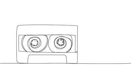 Audio cassette, tape one line art. Continuous line drawing of play, tape, song, cassette, audio, fix, group, classic, music, multimedia, strip, retro, reel, vintage, nostalgia, 80s, disco, 90sのイラスト素材