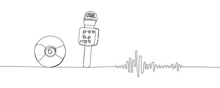 Karaoke, audio recording set one line art. Continuous line drawing of musical, cd disk, music waves, broadcasting, microphone, radio, music, karaoke, audio, sound, retro, record broadcast mediaのイラスト素材