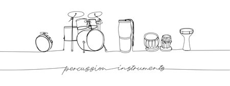 Percussion instruments set one line art. Continuous line drawing of play, drum, timpani, tulumbas, buhai, darbuka, bongos, big drum, buhalo and cymbal, music, percussion bass musicianのイラスト素材
