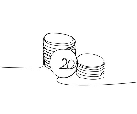 Stacks of coins of different heights, 20 cents, kopecks, pennies one line art. Continuous line drawing of bank, money, finance, financial, payment, data, savings, economic, wealth, creditのイラスト素材