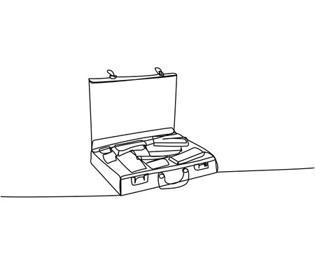 Suitcase with money, winnings, bribe, ransom money, cash, banknotes, dollars, hryvnia, euro one line art. Continuous line drawing of bank, money, finance, financial, payment, data, savings,のイラスト素材