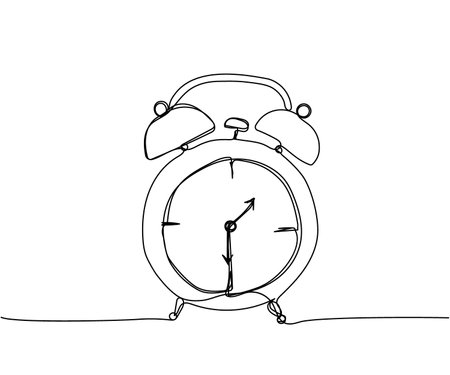 Alarm clock, clock, watch one line art. Continuous line drawing of clock, time, alarm, watch, timer, hour, morning, timepiece, deadline, vintage, management, stopwatch, measurementのイラスト素材