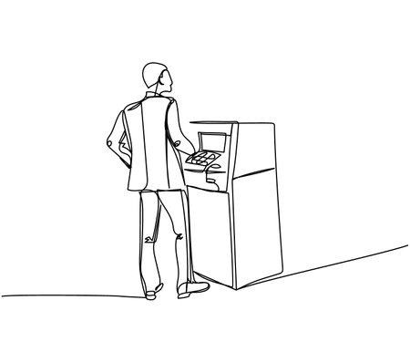 A man in a suit withdraws money from an ATM, cash machine, bank one line art. Continuous line drawing of bank, money, finance, financial, payment, data, savings, economic, wealth, creditのイラスト素材