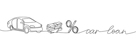 Car loan, money, car, keys, credit, interest rate one line art. Continuous line drawing of bank, financial, payment, data, economic, wealth credit with an inscription, lettering, handwritten.のイラスト素材