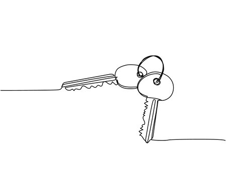 Apartment keys, apartment loan one line art. Continuous line drawing of housing, key, home, house, relocation, keys, safety, property, keyring, estate, mortgage, secure, unlock, loanのイラスト素材