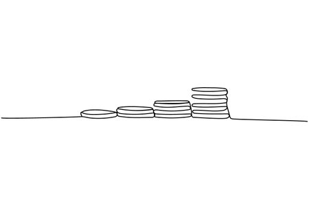 Stacks of coins of different heights, cents, pennies one line art. Continuous line drawing of bank, money, finance, financial, payment, data, savings, economic, wealth, creditのイラスト素材