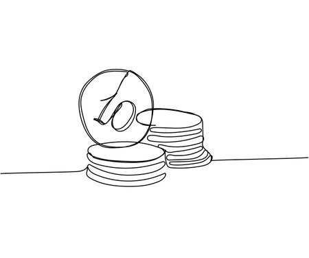 Stacks of coins of different heights, 10 cents, kopecks, pennies one line art. Continuous line drawing of bank, money, finance, financial, payment, data, savings, economic, wealth, creditのイラスト素材