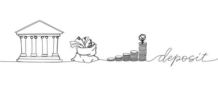 Deposit, money bag, coins, bank one line art. Continuous line drawing of bank, financial, payment, data, economic, wealth credit with an inscription, lettering, handwritten.のイラスト素材