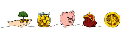 Coins in hand and sprouted tree, jar of coins, piggy bank, wallet, bitcoin color, colored one line art. Continuous line drawing of bank, financial, payment, data, economic, wealth credit.のイラスト素材