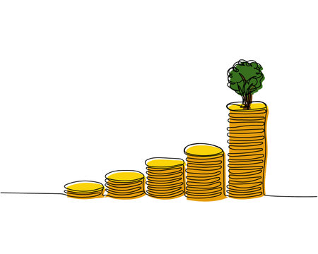 Tree Growing from Stacks of coins of different heights, cents, kopecks, pennies color, colored one line art. Continuous line drawing of bank, money, finance, payment, data, savings, economic, wealthのイラスト素材