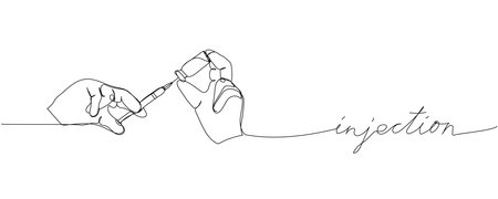 Injection, medicine ampoules with a syringe needle, vaccine, draw the vaccine into syringe one line art. Continuous line drawing of medical, therapy, allergy with inscription, lettering, handwritten.のイラスト素材