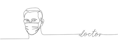 Doctor, medical uniform, nurse, a man in a medical mask, protection, hygiene, sterility, one line art. Continuous line drawing of disposable, tool, surgery with inscription, lettering, handwritten.のイラスト素材
