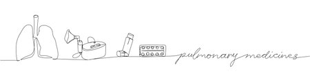 Pulmonary medicines set. Blister pack, lungs, tablets, pills, capsules, packaged medicines, herbal, medicine one line art. Continuous line drawing of treatment medication, pharmacy, therapyのイラスト素材