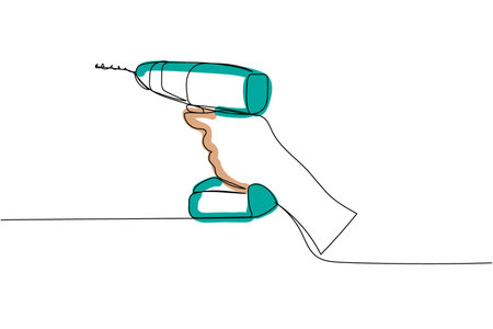 Screwdriver in hand, drill, tighten screws, make a hole in the wall one line art. Continuous line color drawing of repair, professional, hand, people, concept, support, maintenance.のイラスト素材