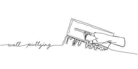 Puttying walls, leveling walls, Professional Rectangular Steel Trowel one line art. Continuous line drawing of repair, professional, hand, people, with inscription, lettering, handwritten.のイラスト素材