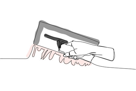 Puttying walls, leveling walls, Professional Rectangular Steel Trowel one line art. Continuous line color drawing of repair, professional, hand, people, concept, support, maintenance.のイラスト素材