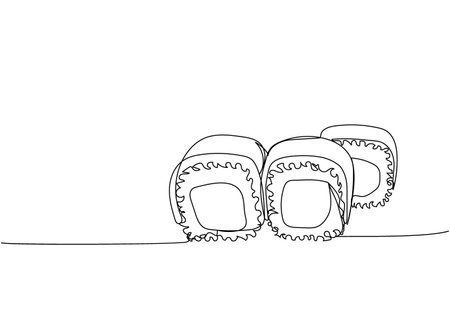 Sushi set, cheese roll, cream cheese, vegetarian roll one line art. Continuous line drawing of sushi, japanese, food, roll, culture, tasty, restaurant, japan, asian, sea, menuのイラスト素材