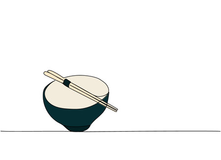 Japanese chopsticks on sauce bowl, ceramic, wooden, bamboo one line art. Continuous line drawing of sushi, japanese, food, roll, culture, tasty, restaurant, japan, asian, sea, menuのイラスト素材