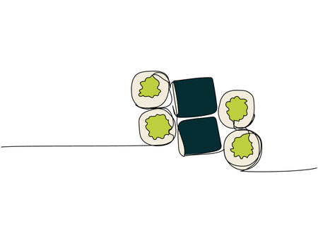 Sushi roll, Hosomaki, maki, Kappamaki one line art. Continuous line drawing of sushi, japanese, food, roll, culture, tasty, restaurant, japan, asian, sea, menuのイラスト素材