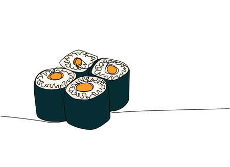 Sushi roll one line art. Continuous line drawing of sushi, japanese, food, roll, culture, tasty, restaurant, japan, asian, sea, menuのイラスト素材