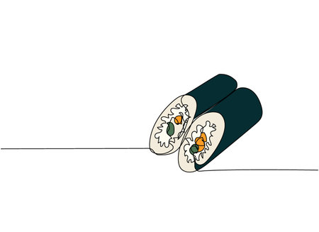 Sushi roll, Ehomaki, Sushi Summer Rolls one line art. Continuous line drawing of sushi, japanese, food, roll, culture, tasty, restaurant, japan, asian, sea, menuのイラスト素材