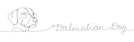 Dalmatian, dog breed, companion dog one line art. Continuous line drawing of friend, dog, doggy, friendship, care, pet, animal, family, dog with inscription, lettering, handwritten.のイラスト素材