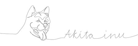 Akita Inu, japanese dog breed, ancient breed, hunting dog one line art. Continuous line drawing of friend, doggy, friendship, care, animal, family, canine with inscription, lettering, handwritten.のイラスト素材