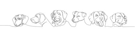 Set of dogs of hunting breeds, guard dog, service dog, companion dog one line art. Continuous line drawing of friend, dog, doggy, friendship, care, pet, animal, family.のイラスト素材