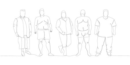 body positive set, obese men, plus size, XL models one line art. Continuous line drawing of body positive, overweight, plus size model, XL, health, fashion, self acceptance.のイラスト素材