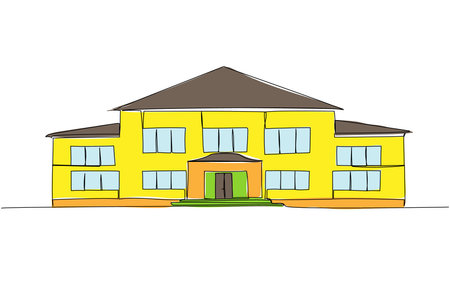 School building, kindergarten, university, college building one line color art. Continuous line drawing of online learning, education, knowledge, school furnitureのイラスト素材