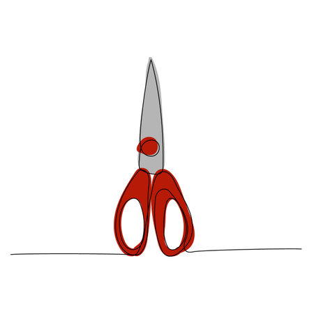 Scissors, cut, applique, careful blades one line color art. Continuous line drawing of online learning, school supplies, stationery storage, exam, office supplies, education.のイラスト素材