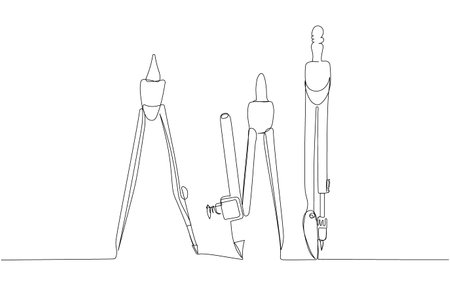 Set of drawing compass with pencil one line art. Continuous line drawing of online learning, school supplies, stationery storage, exam, office supplies, education.のイラスト素材