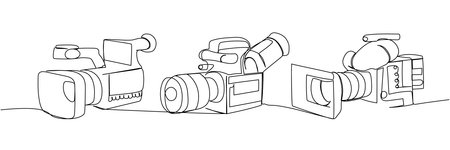 Modern video cameras in minimalist line art, black outline of various professional recording equipmentのイラスト素材