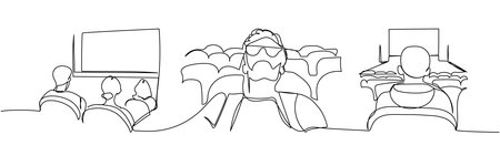 Minimalist outline of people watching a movie in cinema seats, linear black and white film audience artのイラスト素材