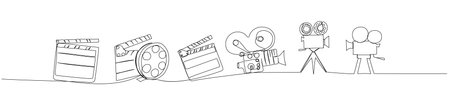 Minimalist illustration of movie clappers, film reels, and vintage cameras cinema production essentialsのイラスト素材