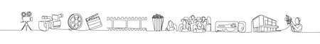 Continuous line art of cameras, film, popcorn, clapperboard, and moviegoers cinematic journey in outlineのイラスト素材