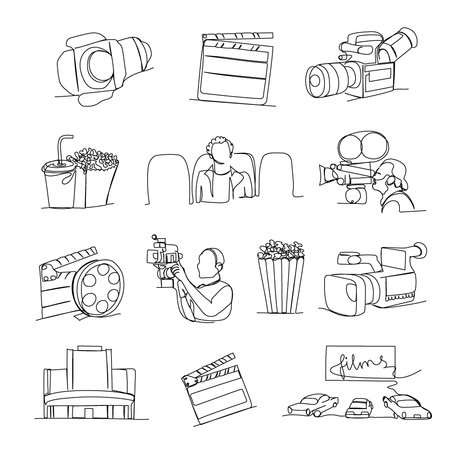 Cinema one line set on white background. Minimalist outline of retro and modern cinema equipment in linear styleのイラスト素材