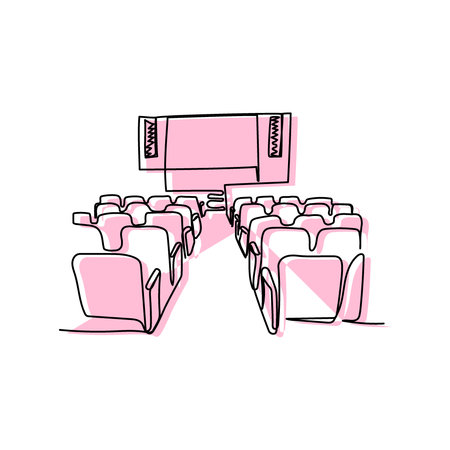 Minimalist outline of a pink cinema hall with rows of seats and big screen, abstract line art for movie theater conceptのイラスト素材