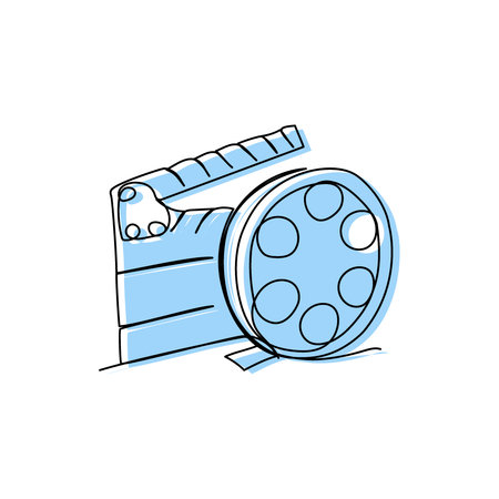 Minimalist blue outline of a film clapperboard with reel, abstract vector illustration of movie productionのイラスト素材