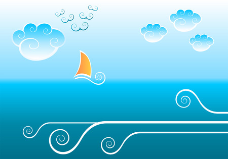 Abstract sea background with clouds, waves and sailing boatのイラスト素材