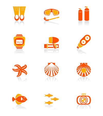 Scuba diving objects and underwater life icon set in orange.のイラスト素材