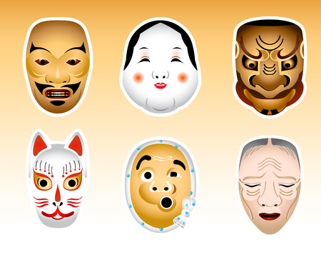 Traditional japanese Noh and Kyogen theater masksのイラスト素材